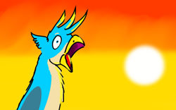 Size: 1280x800 | Tagged: safe, artist:horsesplease, gallus, griffon, g4, crowing, gallus the rooster, gallusposting, insanity, meme, morning, screaming, sun, sunrise