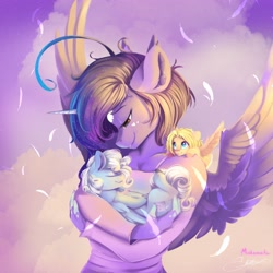 Size: 4096x4096 | Tagged: safe, artist:miokomata, artist:sketchiix3, oc, oc only, oc:comfy pillow, oc:dazzling talents, oc:mio, alicorn, pegasus, pony, anthro, absurd resolution, anthro with ponies, collaboration, female, freckles, holding a pony, lidded eyes, mare, signature, sleeping, spread wings, tribute, trio, wings