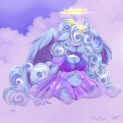 Size: 4096x4096 | Tagged: safe, artist:sketchiix3, artist:tawnysweet, oc, oc only, oc:comfy pillow, pegasus, anthro, absurd resolution, belly, belly button, breasts, chubby, cleavage, cloud, collaboration, eyes closed, female, halo, in memoriam, kneeling, mare, on a cloud, solo, tribute