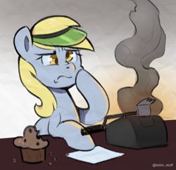 Size: 930x900 | Tagged: safe, artist:talimingi, derpy hooves, pegasus, pony, g4, female, food, frown, hoof on cheek, i just don't know what went wrong, mare, muffin, paper, smoke, solo