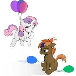 Size: 2207x2208 | Tagged: artist needed, source needed, safe, button mash, sweetie belle, earth pony, pony, unicorn, g4, balloon, button mash is not amused, colt, duo, duo male and female, eyes closed, female, filly, floating, foal, frown, giggling, grin, high res, male, nose wrinkle, requested art, shadow, simple background, smiling, unamused, white background