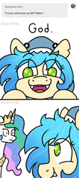 Size: 500x1130 | Tagged: safe, artist:pink-pone, princess celestia, oc, oc:ivory (pink-pone), alicorn, earth pony, pony, g4, ask, comic, cute, fangs, female, filly, foal, mare, onesie, sharp teeth, smiling, sparkly eyes, teeth, wingding eyes, worried