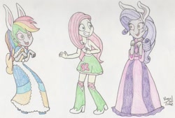 Size: 1400x947 | Tagged: safe, artist:bageloftime, fluttershy, rainbow dash, rarity, equestria girls, g4, bunny ears, clothes, dress, easter, easter bunny, gown, holiday, long dress, long skirt, mind control, skirt, sleeveless, traditional art, transformation, trio