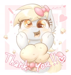 Size: 1836x1920 | Tagged: safe, artist:phoenixrk49, derpy hooves, pegasus, pony, blushing, bust, cute, derpabetes, exclamation point, eye reflection, female, food, happy, heart, hoof on cheek, looking at something, mare, muffin, open mouth, open smile, reflection, ribbon, smiling, solo, text, thank you