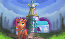Size: 4900x3000 | Tagged: safe, artist:auroriia, sunny starscout, earth pony, pony, g5, my little pony: tell your tale, bag, crystal brighthouse, female, grass, high res, mane stripe sunny, mare, open mouth, open smile, smiling, solo, tree, window