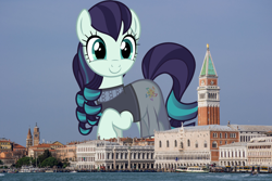 Size: 1600x1066 | Tagged: safe, artist:90sigma, artist:thegiantponyfan, coloratura, earth pony, pony, g4, clothes, dress, female, giant pony, giant/macro earth pony, giantess, highrise ponies, irl, italy, looking at you, macro, mare, mega giant, photo, ponies in real life, raised hoof, smiling, smiling at you, venice