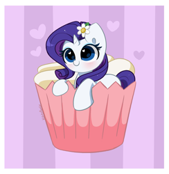 Size: 5000x5126 | Tagged: safe, artist:kittyrosie, part of a set, rarity, pony, unicorn, g4, absurd resolution, blushing, cupcake, cupcake pony, cute, floating heart, flower, flower in hair, food, heart, heart eyes, kittyrosie is trying to murder us, raribetes, smiling, solo, sweet dreams fuel, weapons-grade cute, wingding eyes