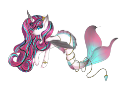 Size: 1600x1200 | Tagged: safe, artist:julytoo, oc, oc only, alicorn, hippocampus, hybrid, merpony, pony, seapony (g4), blue eyes, clothes, crown, dorsal fin, female, fin wings, fins, fish tail, flowing mane, flowing tail, horn, jewelry, mare, necklace, pearl necklace, regalia, seaponified, see-through, simple background, solo, species swap, tail, transparent background, wings