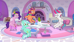 Size: 1280x720 | Tagged: safe, alternate version, anonymous artist, edit, edited screencap, screencap, lyra heartstrings, pipp petals, sunny starscout, zipp storm, earth pony, pegasus, pony, unicorn, g4, g5, my little pony: tell your tale, nightmare roommate, spoiler:g5, spoiler:my little pony: tell your tale, spoiler:tyts01e04, bags under eyes, chair, cursed, female, g4 to g5, generation leap, mane stripe sunny, mare, meme, requested art, sitting, sitting lyra, tired
