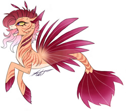 Size: 952x839 | Tagged: safe, artist:kasara-designs, oc, oc only, hybrid, seapony (g4), adoptable, commission, fins, fish tail, flowing mane, flowing tail, open mouth, purple eyes, red mane, signature, simple background, solo, tail, teeth, white background