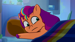 Size: 3410x1920 | Tagged: safe, screencap, sunny starscout, earth pony, pony, g5, my little pony: tell your tale, nightmare roommate, spoiler:g5, spoiler:my little pony: tell your tale, spoiler:tyts01e04, bed, blanket, female, high res, mane stripe sunny, mare, night, solo