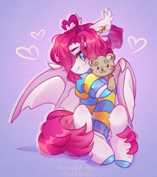 Size: 3026x3414 | Tagged: safe, artist:dedfriend, oc, oc only, oc:lerk, bat pony, pony, bat pony oc, blushing, clothes, ear piercing, ear tufts, earring, female, floating heart, heart, high res, jewelry, mare, piercing, plushie, solo, sweater, teddy bear