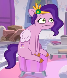 Size: 303x353 | Tagged: safe, screencap, pipp petals, pegasus, pony, g5, my little pony: tell your tale, nightmare roommate, spoiler:g5, spoiler:my little pony: tell your tale, spoiler:tyts01e04, bags under eyes, cropped, faic, female, frown, mare, pipp petals is best facemaker, sitting, solo, tired