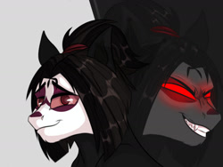 Size: 1280x960 | Tagged: safe, artist:arlekinarts, oc, oc only, earth pony, anthro, anthro oc, bust, duality, earth pony oc, evil grin, glowing, glowing eyes, grin, red eyes, smiling, solo