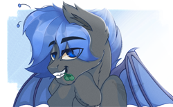 Size: 1280x791 | Tagged: safe, artist:arlekinarts, oc, oc only, bat pony, pony, bat pony oc, bat wings, bedroom eyes, bust, ear fluff, eye clipping through hair, flower, flower in mouth, male, mouth hold, solo, spread wings, stallion, wings