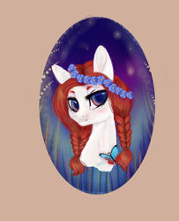 Size: 1500x1850 | Tagged: safe, artist:77jessieponygames77, oc, oc only, earth pony, pony, braid, brown background, bust, earth pony oc, eyelashes, female, floral head wreath, flower, mare, simple background, solo