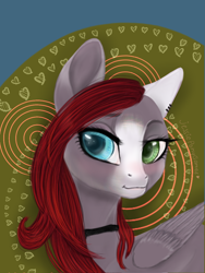 Size: 950x1264 | Tagged: safe, artist:77jessieponygames77, oc, oc only, pegasus, pony, abstract background, bust, choker, eyelashes, female, heterochromia, mare, pegasus oc, solo, wings
