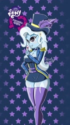 Size: 1038x1845 | Tagged: safe, artist:spired_cake, artist:thedemonhunter18, trixie, equestria girls, equestria girls series, g4, abstract background, clothes, female, grin, hat, latex, latex socks, peace sign, playing card, smiling, socks, solo, stockings, thigh highs, wide hips