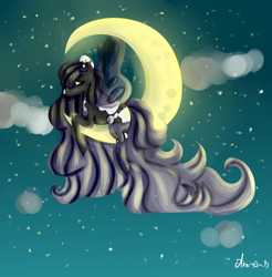 Size: 2700x2749 | Tagged: safe, artist:dillice, oc, oc only, pegasus, pony, crescent moon, female, high res, mare, moon, night, pegasus oc, signature, solo, stars, tangible heavenly object, transparent moon