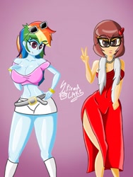 Size: 971x1294 | Tagged: safe, artist:spired_cake, rainbow dash, human, equestria girls, g4, big breasts, breasts, busty rainbow dash, cleavage, clothes, crossover, duo, eyelashes, female, gradient background, peace sign, scooby-doo!, shorts, sunglasses, velma dinkley