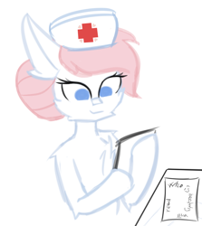 Size: 1342x1504 | Tagged: safe, nurse redheart, earth pony, pony, g4, bipedal, cheek fluff, chest fluff, ear fluff, eyelashes, female, fluffy, hat, mare, nurse hat, paper, red cross, smiling, solo, text