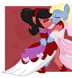 Size: 1280x1398 | Tagged: safe, artist:grapefruit-face, oc, oc only, oc:azure/sapphire, oc:zaria deibele, earth pony, pony, unicorn, clothes, crossdressing, dress, duo, female, femboy, gowns, kiss on the lips, kissing, making out, male, oc x oc, shipping, show accurate, straight