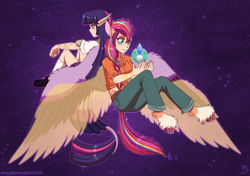 Size: 1944x1372 | Tagged: safe, artist:inuhoshi-to-darkpen, sunny starscout, twilight sparkle, human, satyr, g5, ass, butt, clothes, crystal, ear fluff, earth pony crystal, elf ears, eye clipping through hair, gem, gemstones, humanized, leg fluff, leonine tail, pegasus crystal, satyrized, shoes, socks, sunny and her heroine, tail, tailed humanization, unicorn crystal