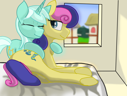 Size: 6000x4500 | Tagged: safe, artist:galaxymike, bon bon, sweetie drops, earth pony, pony, unicorn, g4, bed, bedroom, bon butt, butt, female, house, hug, lesbian, on bed, plot, window