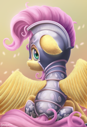 Size: 2400x3480 | Tagged: safe, artist:symbianl, fluttershy, pegasus, pony, armor, badass, badass adorable, crystal guard armor, cute, female, floppy ears, flutterbadass, high res, looking at you, looking back, looking back at you, mare, open mouth, rear view, shyabetes, solo, spread wings, wings, worried