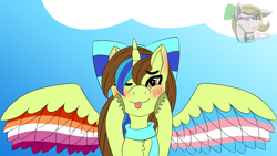 Size: 1600x900 | Tagged: safe, artist:gray star, oc, oc:epsi, alicorn, :p, alicorn oc, art trade, blushing, bow, clothes, ear blush, female, hair bow, hooves on cheeks, horn, lesbian pride flag, pride, pride flag, scarf, spread wings, tongue out, trans female, transgender, transgender pride flag, wings