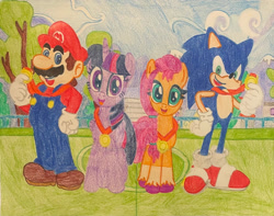 Size: 1280x1009 | Tagged: safe, artist:epiccartoonsfan, artist:justinvaldecanas, artist:luckreza8, sunny starscout, twilight sparkle, alicorn, earth pony, human, pony, g5, my little pony: a new generation, spoiler:g5, barely pony related, clothes, crossover, gold medal, looking at you, male, mario, mario & sonic, mario & sonic at the olympic games, mario and sonic, mario and sonic at the olympic games, sonic the hedgehog, sonic the hedgehog (series), super mario bros., traditional art, twilight sparkle (alicorn)