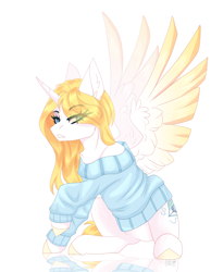 Size: 2092x2689 | Tagged: artist needed, safe, oc, oc only, oc:sweetie shy, alicorn, pony, alicorn oc, clothes, female, high res, horn, mare, present, simple background, solo, wings