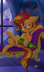 Size: 1600x2560 | Tagged: safe, artist:dawnflame, sunset shimmer, pony, unicorn, g4, alcohol, blushing, bottle, drunk, drunker shimmer, female, floppy ears, frown, glass bottle, mare, reference used, solo