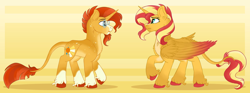Size: 1280x477 | Tagged: safe, artist:devonella, sunburst, sunset shimmer, alicorn, pony, unicorn, g4, alicornified, brother and sister, duo, female, glasses, horn, leonine tail, male, mare, race swap, shimmercorn, siblings, stallion, sunny siblings, tail, wings