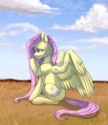 Size: 2000x2300 | Tagged: safe, artist:renka2802, fluttershy, pegasus, pony, g4, blowing, cloud, cute, dry grass, female, field, full body, grass, grass field, high res, injured, long hair, mare, pink tail, side view, sitting, sky, solo, spread wings, tail, wings
