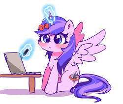 Size: 1543x1311 | Tagged: safe, artist:leo19969525, oc, oc only, alicorn, pony, cute, glowing, glowing horn, horn, magic, ocbetes, simple background, sitting, solo, spread wings, table, tail, white background, wings