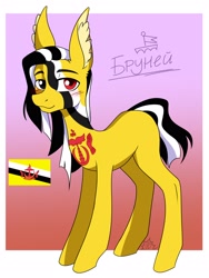 Size: 2130x2826 | Tagged: safe, artist:kristelsan, oc, oc only, earth pony, pony, abstract background, brunei, ear fluff, earth pony oc, full body, heterochromia, high res, hooves, lidded eyes, nation ponies, ponified, solo, standing, tail, two toned mane, two toned tail