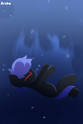 Size: 2000x3000 | Tagged: safe, artist:arche, oc, oc only, oc:arche medley, earth pony, pony, air bubble, asphyxiation, blue background, bubble, drowning, earth pony oc, eyes closed, gradient background, high res, lineless, ocean, purple, red eyes, simple background, solo, sunlight, underwater, water