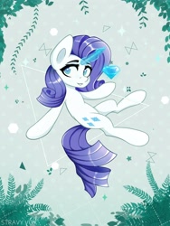 Size: 3000x4000 | Tagged: safe, artist:stravy_vox, rarity, pony, unicorn, g4, blue eyes, diamond, female, flying, gem, glowing, glowing horn, horn, leaves, looking at you, smiling, solo, tail