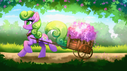 Size: 3840x2160 | Tagged: safe, artist:confetticakez, daisy, flower wishes, earth pony, pony, g4, cart, female, flower, grass, high res, mare, raised hoof, raised leg, solo, tree