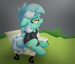 Size: 3138x2663 | Tagged: safe, artist:background basset, lyra heartstrings, pony, unicorn, fanfic:background pony, g4, bench, clothes, dig the swell hoodie, fanfic art, high res, hoodie, sitting, solo