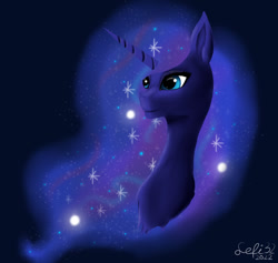 Size: 1138x1080 | Tagged: safe, artist:lefi32, princess luna, alicorn, pony, g4, bust, ethereal mane, galaxy, galaxy mane, simple background, smiling, solo, space