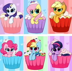 Size: 1214x1185 | Tagged: safe, artist:kittyrosie, part of a set, applejack, fluttershy, pinkie pie, rainbow dash, rarity, twilight sparkle, earth pony, pegasus, pony, unicorn, :p, abstract background, applejack's hat, blushing, cake, chocolate, cowboy hat, cupcake, cupcake pony, cute, dashabetes, diapinkes, female, floating heart, flower, flower in hair, food, hat, heart, heart eyes, jackabetes, kittyrosie is trying to murder us, looking at you, m&m's, mane six, mare, mlem, rainbow and cupcakes, rainbow background, raribetes, shyabetes, signature, silly, silly pony, simple background, smiling, smiling at you, solo, sprinkles, tongue out, twiabetes, twilight sprinkle, unicorn twilight, wall of tags, whipped cream, who's a silly pony, wingding eyes