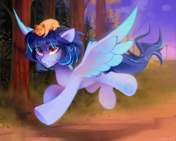 Size: 2500x2000 | Tagged: safe, artist:zlatavector, oc, oc only, oc:duvivi, hamster, pegasus, pony, animal, eye clipping through hair, eyebrows, eyebrows visible through hair, female, flying, forest, grin, high res, mare, pegasus oc, smiling, solo, spread wings, trade, wings