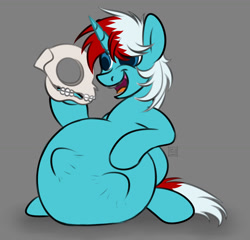 Size: 1280x1229 | Tagged: safe, artist:sadfloorlamp, oc, oc only, pony, skeleton pony, unicorn, abdominal bulge, belly, belly bumps, big belly, bone, commission, male, male pred, offscreen character, open mouth, skeleton, skull, vore, ych result