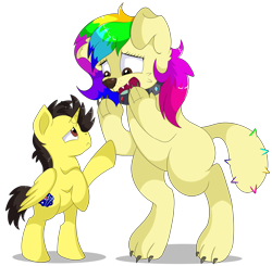 Size: 9300x9125 | Tagged: safe, artist:rainbowtashie, oc, oc only, oc:rainbow tashie, oc:tommy the human, alicorn, diamond dog, dog, pony, absurd resolution, alicorn oc, child, collar, colt, commissioner:bigonionbean, diamond dog oc, diamond dogified, dog collar, duo, duo male and female, female, foal, frown, horn, looking at each other, looking at someone, male, mare, missing cutie mark, open mouth, sad, shadow, simple background, species swap, standing up, transparent background, wings, writer:bigonionbean