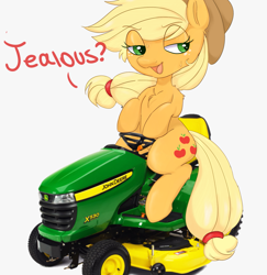 Size: 1879x1933 | Tagged: safe, artist:mushy, applejack, earth pony, pony, g4, apple, chest fluff, female, food, john deere, lawn mower, mare, open mouth, riding, simple background, sitting, smug, solo, sweat, talking, white background