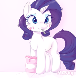 Size: 1879x1933 | Tagged: safe, artist:mushy, rarity, pony, unicorn, g4, bed hair, blushing, caught, food, ice cream, simple background, solo