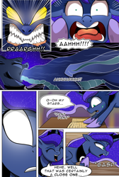 Size: 732x1091 | Tagged: safe, artist:candyclumsy, princess luna, alicorn, dragon, ghost, pony, comic:luna's cronenberg, g4, alicorn princess, angry, book, canterlot, canterlot castle, comic, commissioner:bigonionbean, dream, dream walker luna, ethereal mane, ethereal tail, falling, female, force feeding, forced, gagging, glowing, glowing eyes, gritted teeth, hooves, horn, jewelry, magic, mare, panicking, regalia, screaming, spirit, swallow, swallowing, tail, terrified, wings, writer:bigonionbean