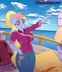 Size: 1936x2225 | Tagged: safe, artist:thehuskylord, fifi (g5), anthro, g5, my little pony: tell your tale, zipp's flight school, spoiler:g5, spoiler:my little pony: tell your tale, spoiler:tyts01e02, bay, big breasts, breasts, busty fifi (g5), clothes, cloud, glasses, hat, jeans, messy, nervous, ocean, pants, ponytail, shirt, smiling, tight clothing, uniform, water